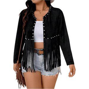 Women’s Black Plus Size Floerns Beaded Tassel Open Front Festival Jacket